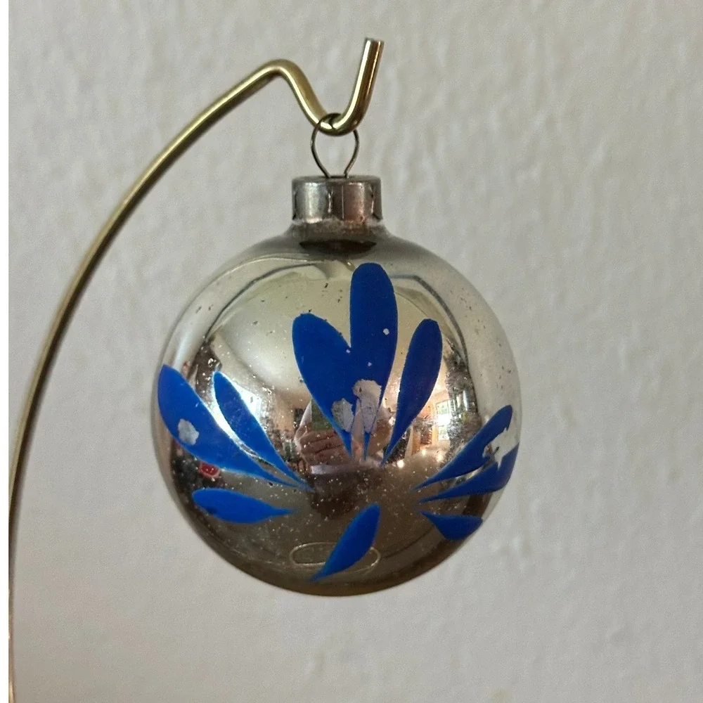 Vintage Heim Mercury Glass Christmas Ornament Blue Painted Petals Silver 2''